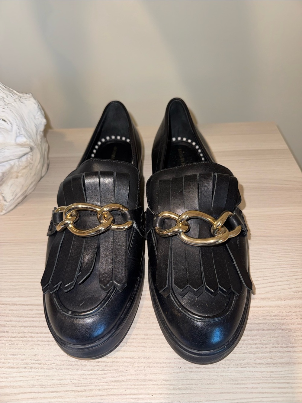 ANTONIO MELANI Black Leather Fringe Loafers with Gold Chain